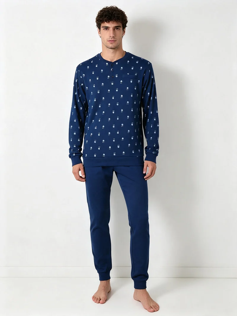 Pigiama lungo da uomo in cotone interlock con stampe birilli - blu