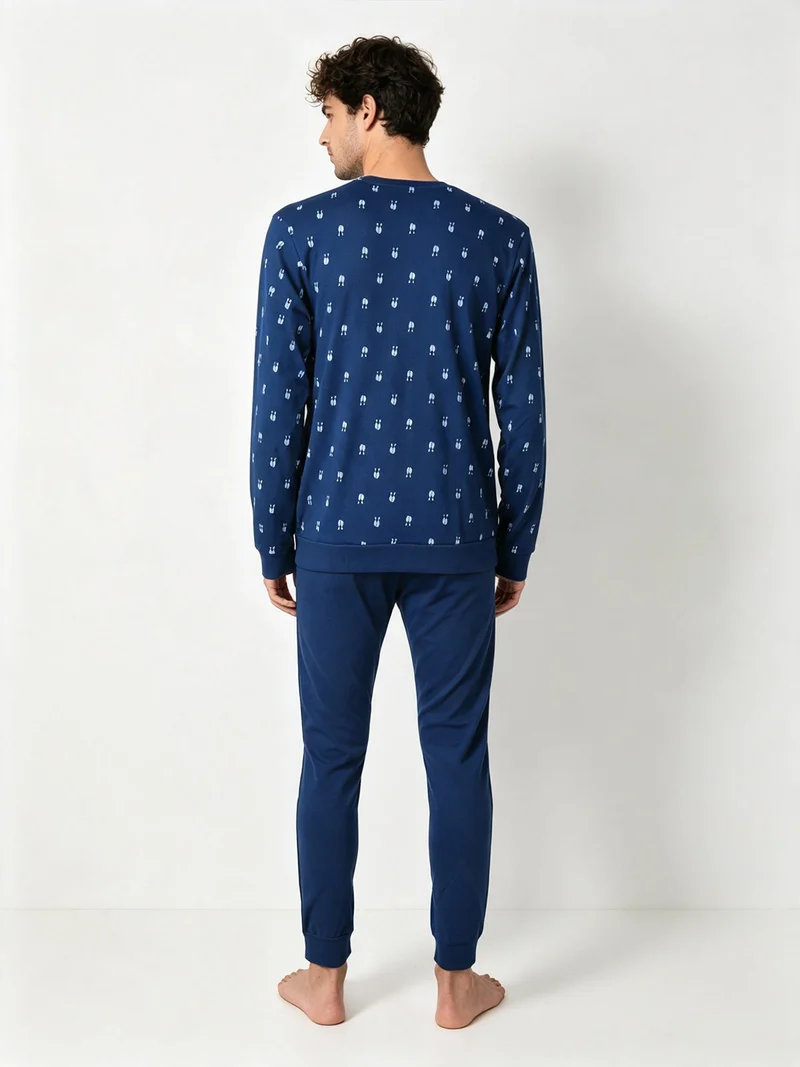 Pigiama lungo da uomo in cotone interlock con stampe birilli - blu