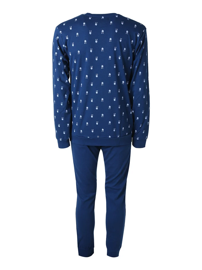 Pigiama lungo da uomo in cotone interlock con stampe birilli - blu