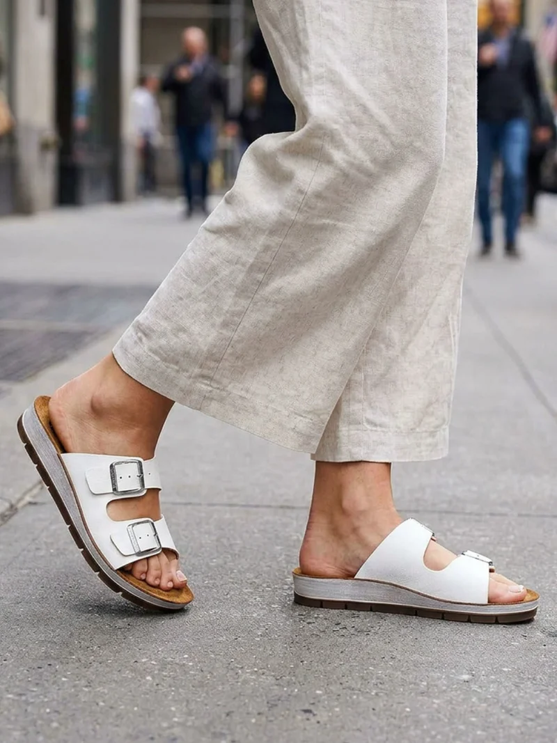 Ciabatte donna con doppia fascia e fibbie - bianco