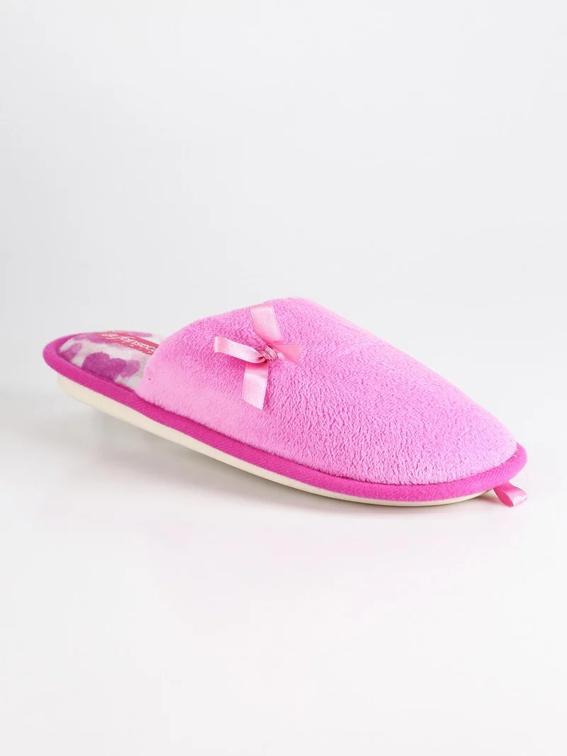 Pantofole in tessuto effetto velluto con fiocco Fuxia