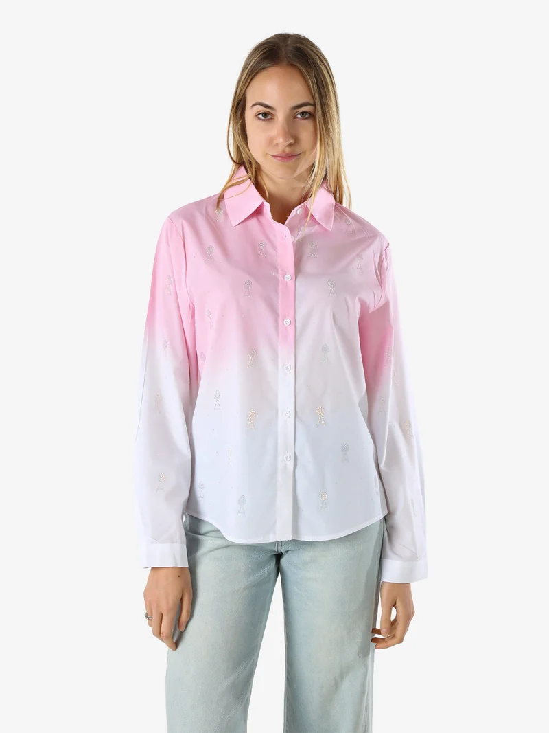 Camicia donna a maniche lunghe sfumata con strass - rosa