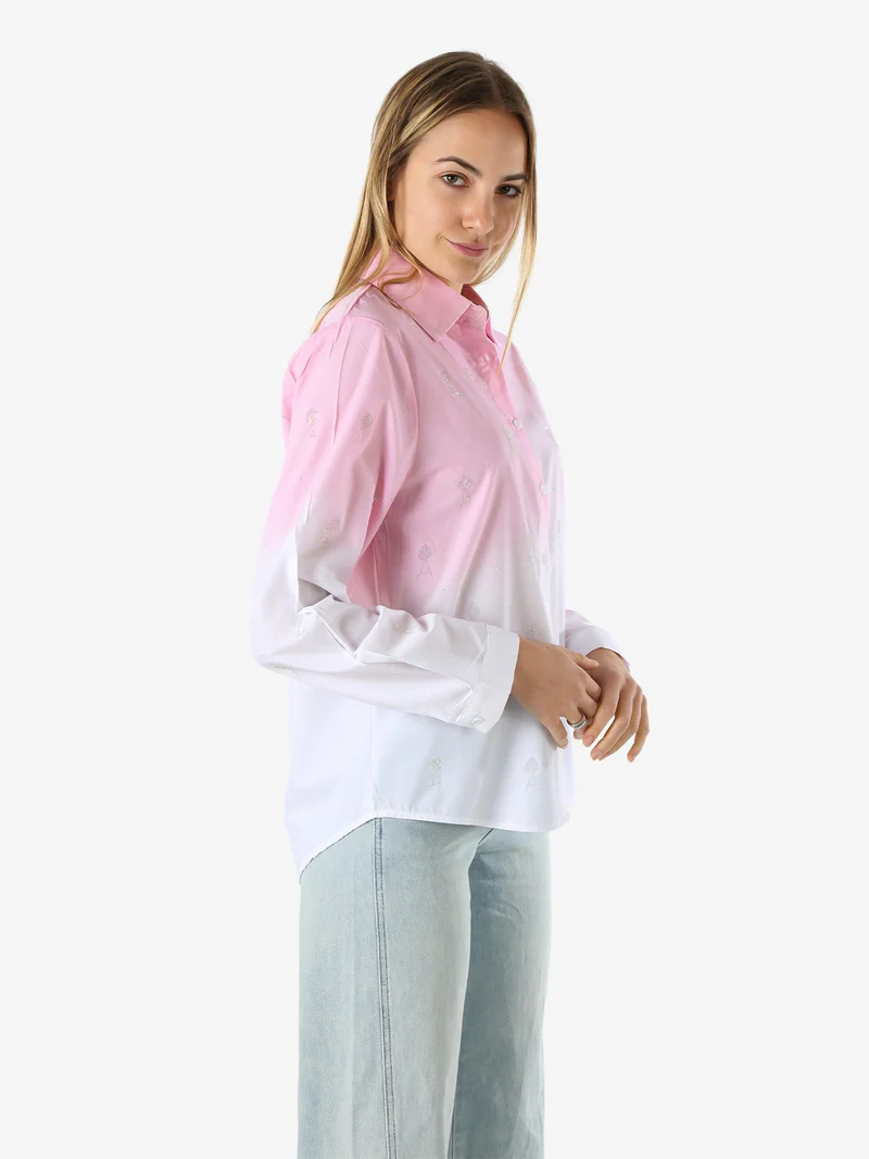 Camicia donna a maniche lunghe sfumata con strass - rosa