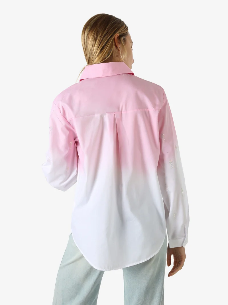 Camicia donna a maniche lunghe sfumata con strass - rosa