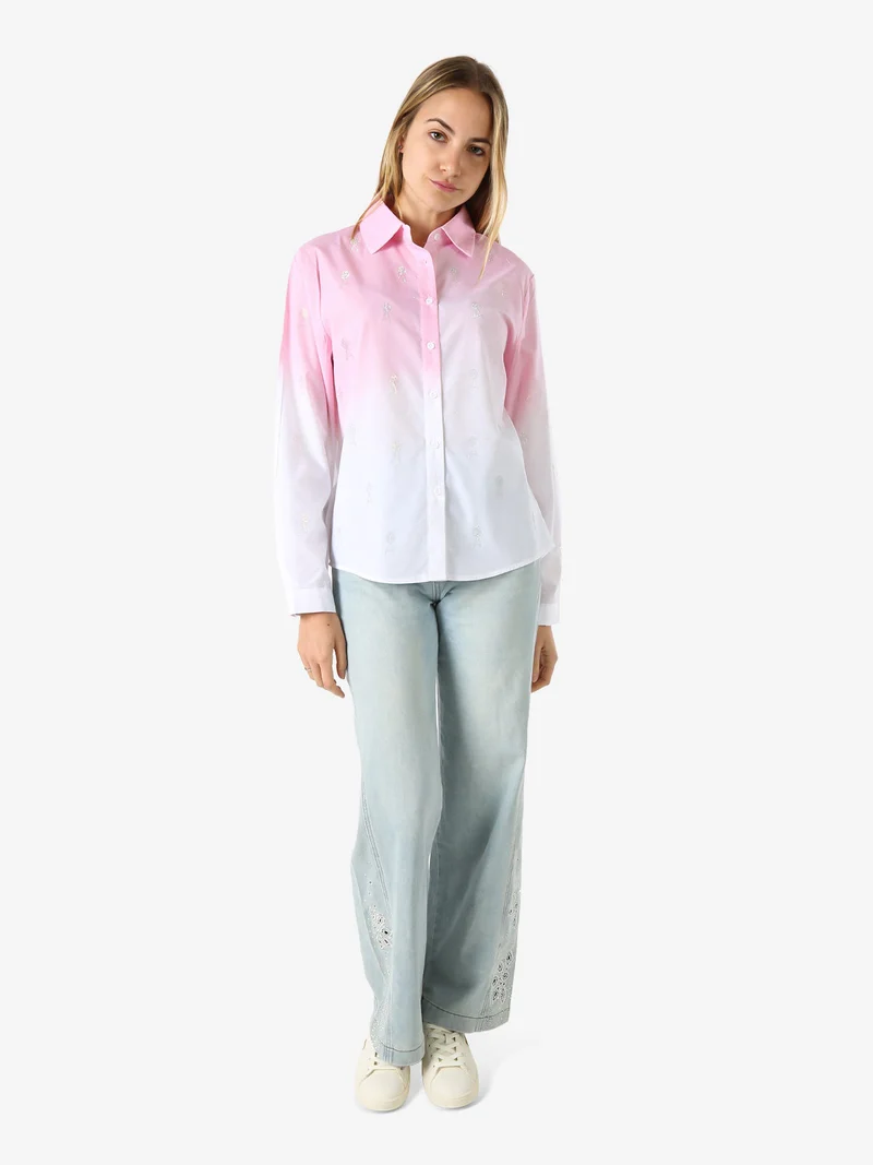 Camicia donna a maniche lunghe sfumata con strass - rosa