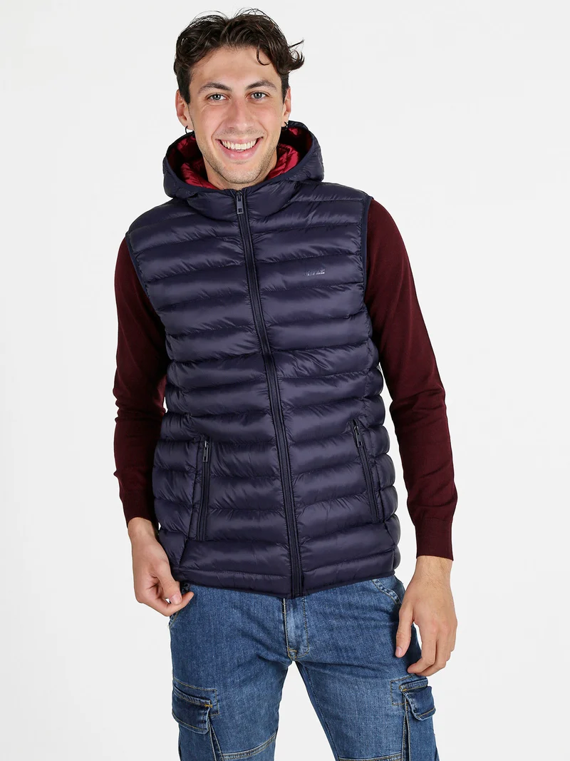 Gilet da uomo imbottito con cappuccio - blu scuro