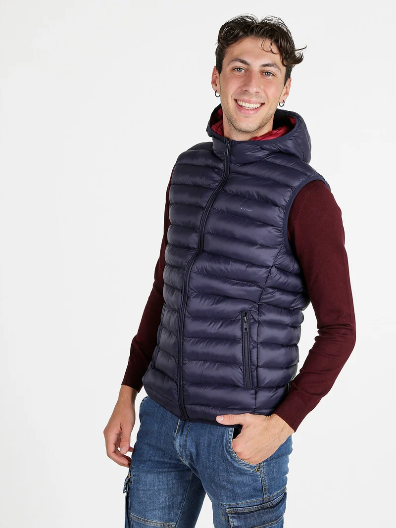 Gilet da uomo imbottito con cappuccio - blu scuro