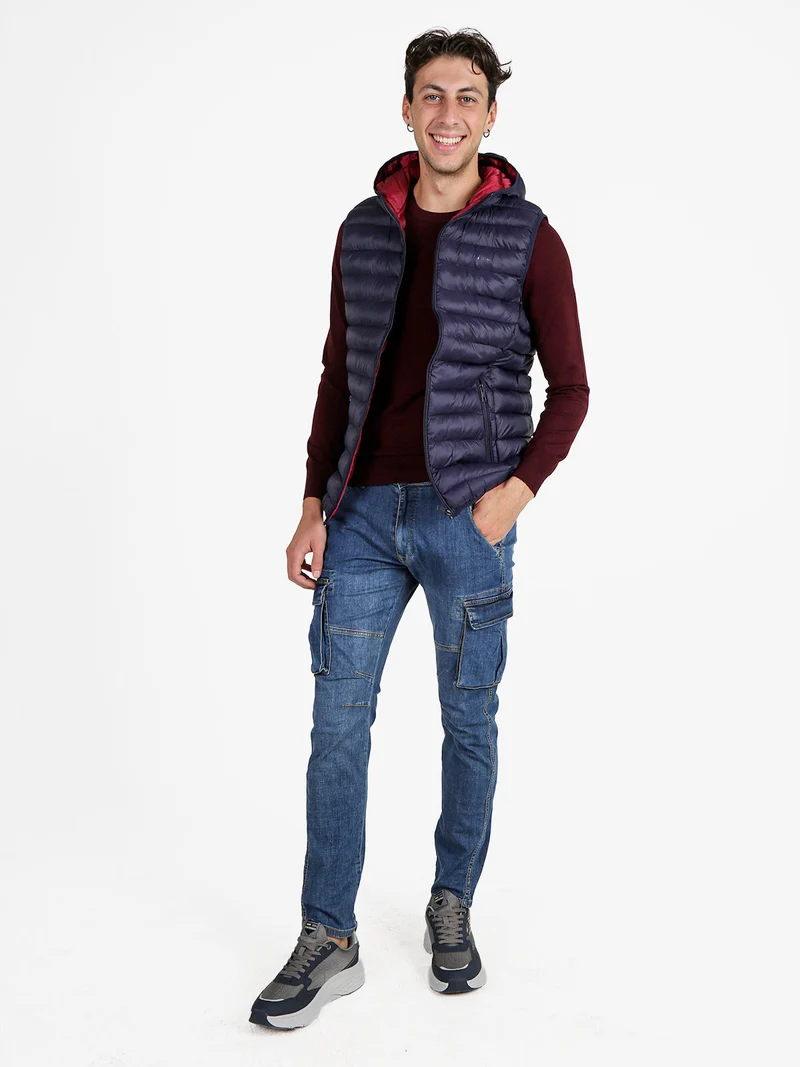 Gilet da uomo imbottito con cappuccio - blu scuro