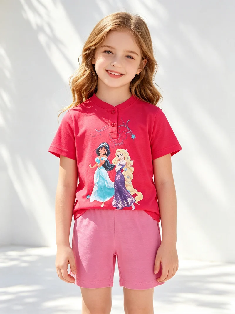 Completo corto da bambina in cotone - fucsia