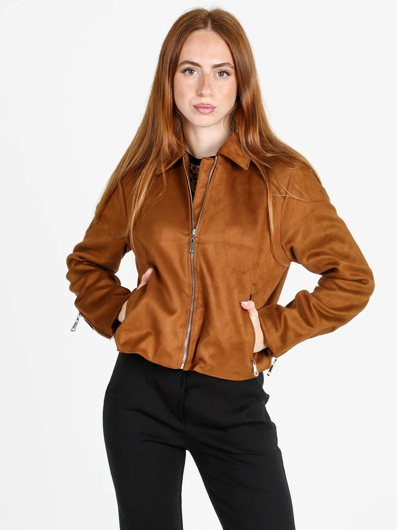Giacca donna scamosciata con colletto e zip - marrone