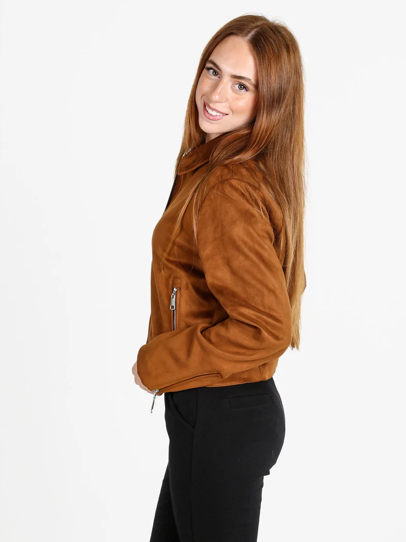 Giacca donna scamosciata con colletto e zip - marrone