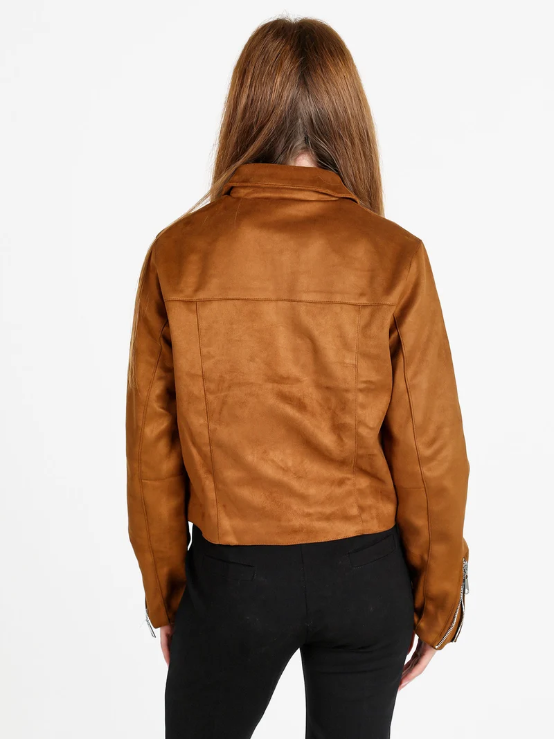 Giacca donna scamosciata con colletto e zip - marrone