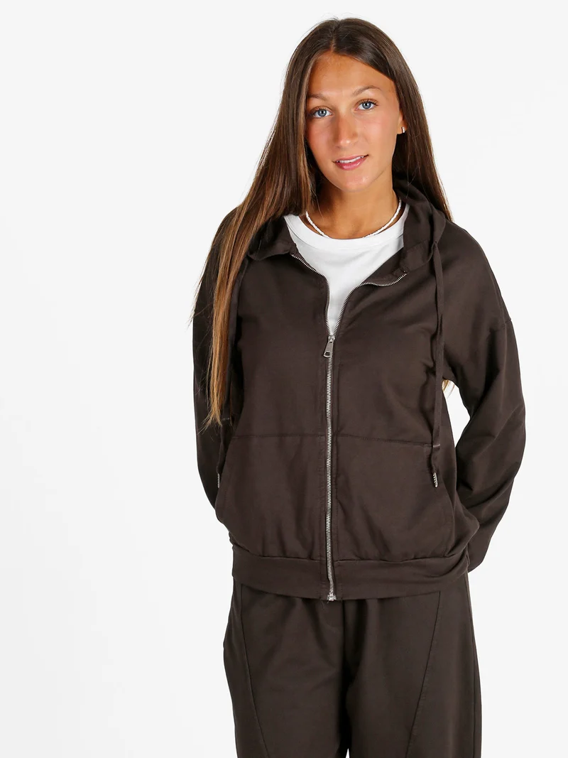 Felpa donna con cappuccio e zip - moro