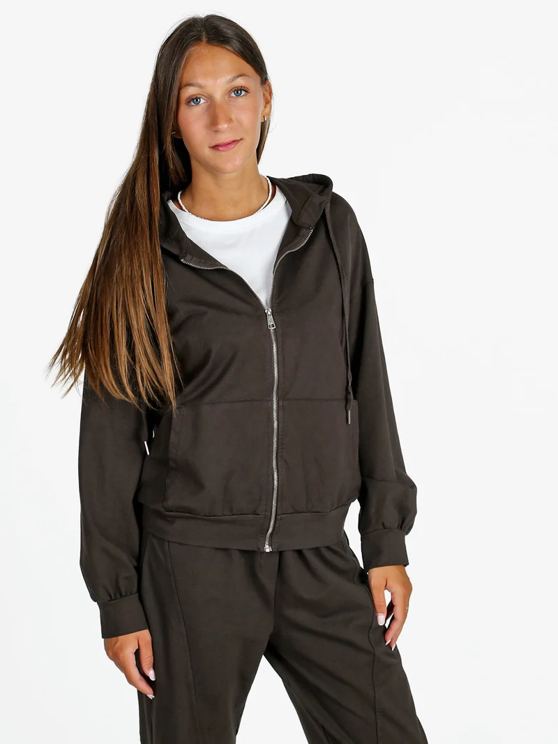 Felpa donna con cappuccio e zip - moro