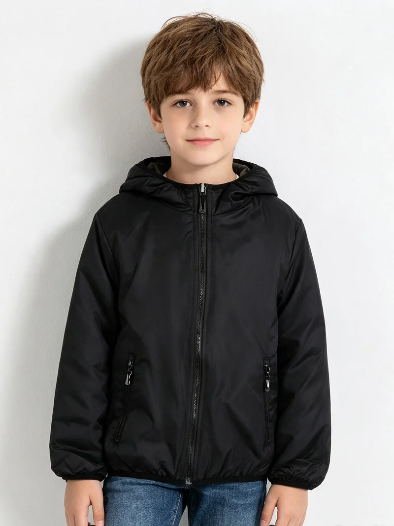 Giubbotto da bambino doubleface con cappuccio e zip - nero