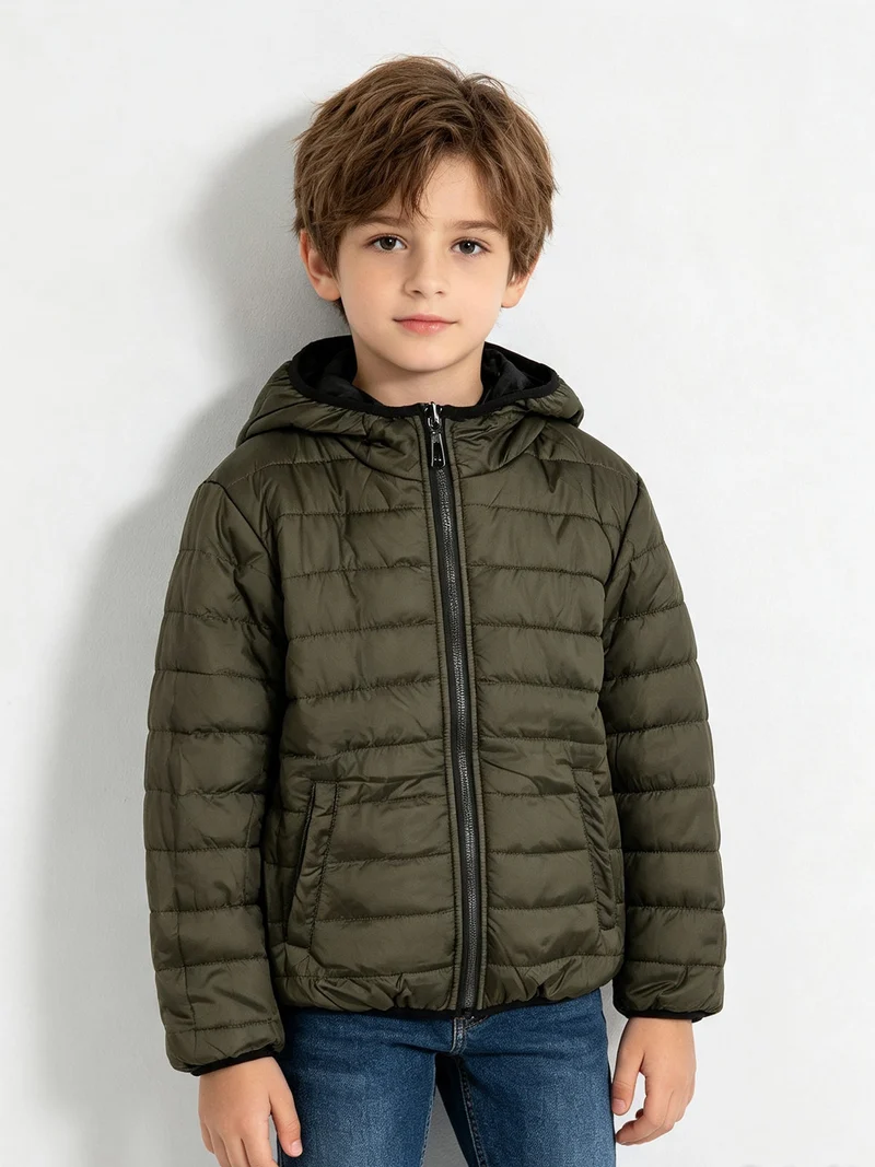 Giubbotto da bambino doubleface con cappuccio e zip - nero