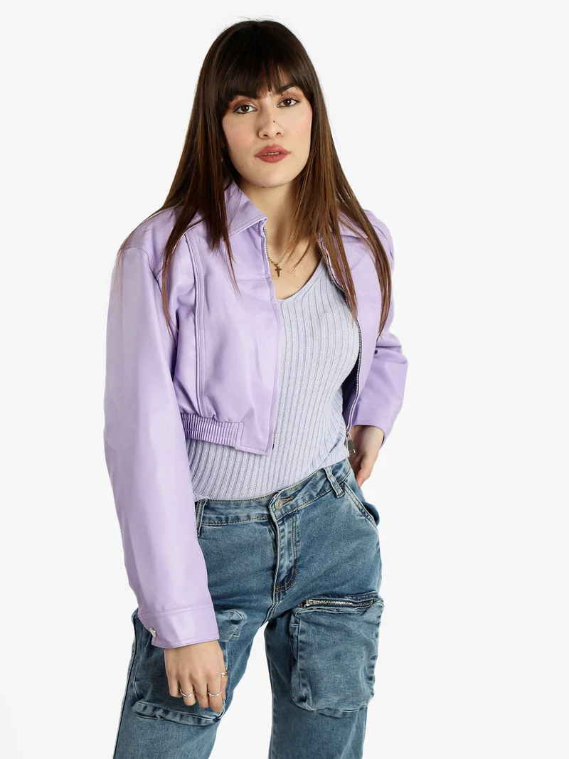 Giacca cropped da donna in ecopelle - lilla