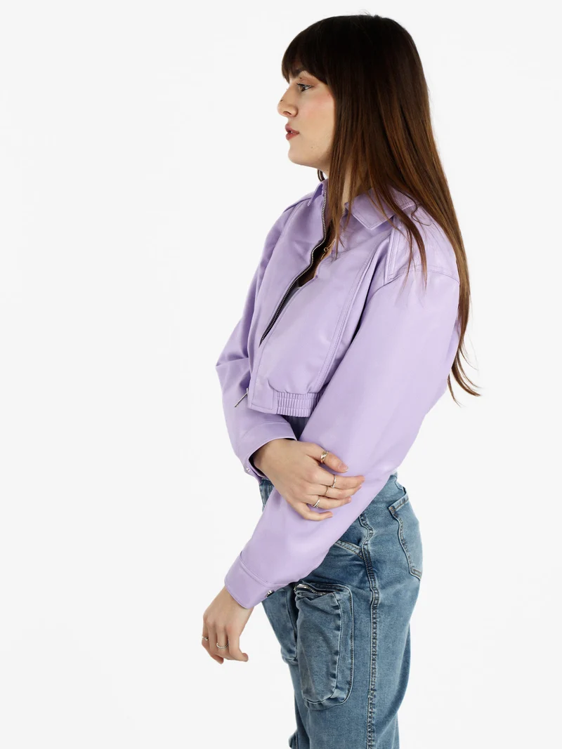 Giacca cropped da donna in ecopelle - lilla