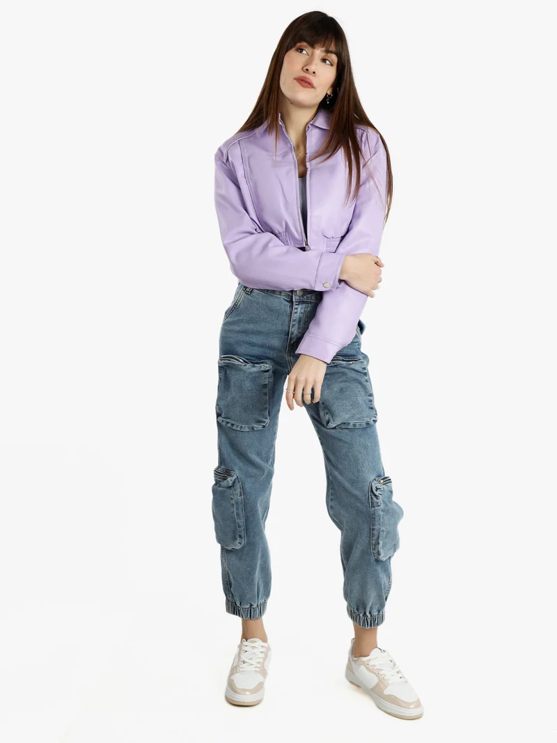 Giacca cropped da donna in ecopelle - lilla