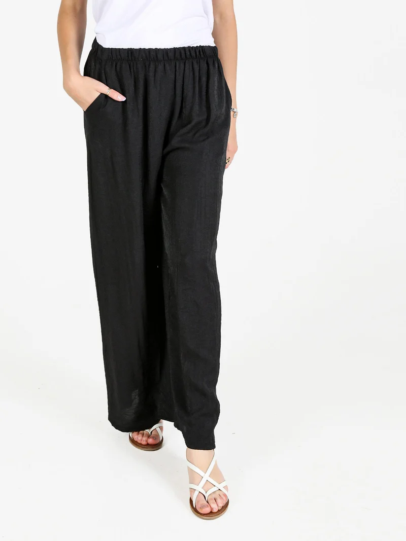 Pantaloni donna a gamba larga in misto lino - nero