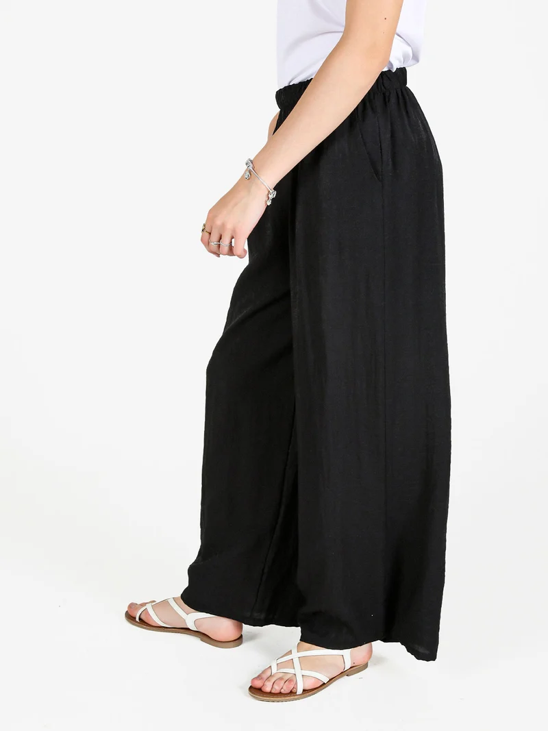 Pantaloni donna a gamba larga in misto lino - nero