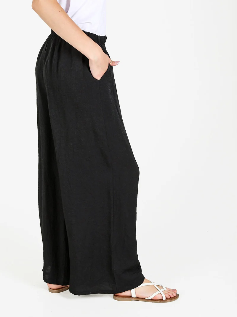 Pantaloni donna a gamba larga in misto lino - nero