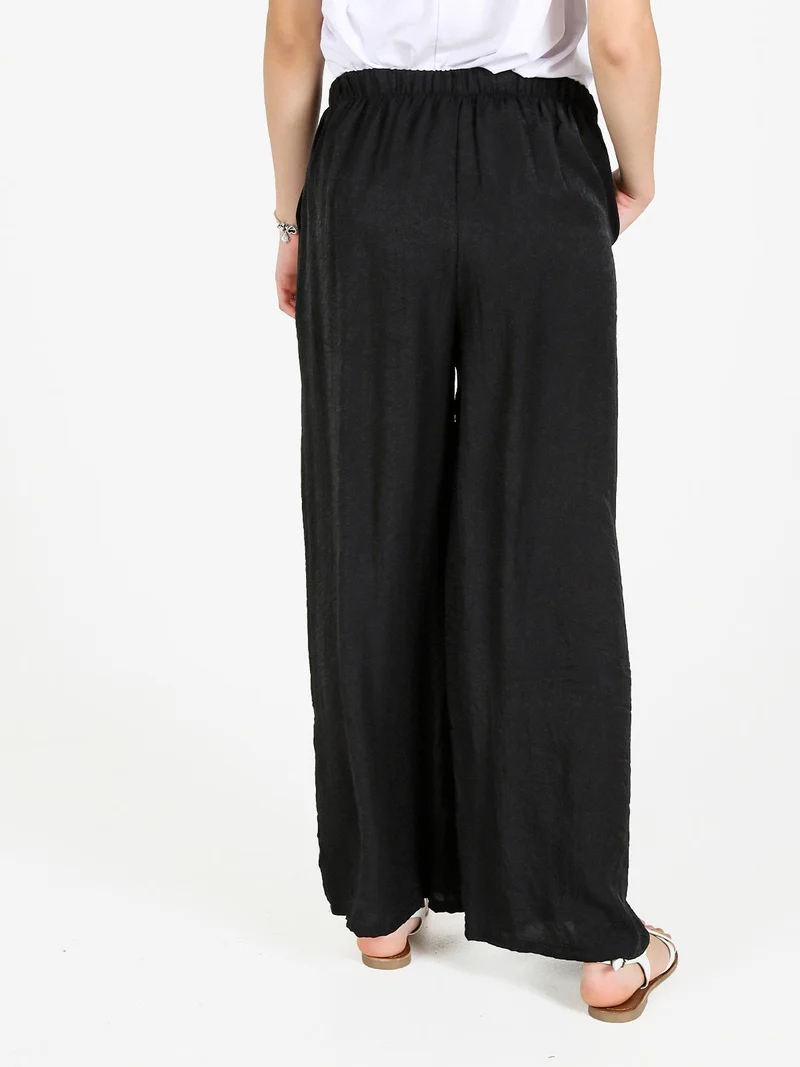 Pantaloni donna a gamba larga in misto lino - nero
