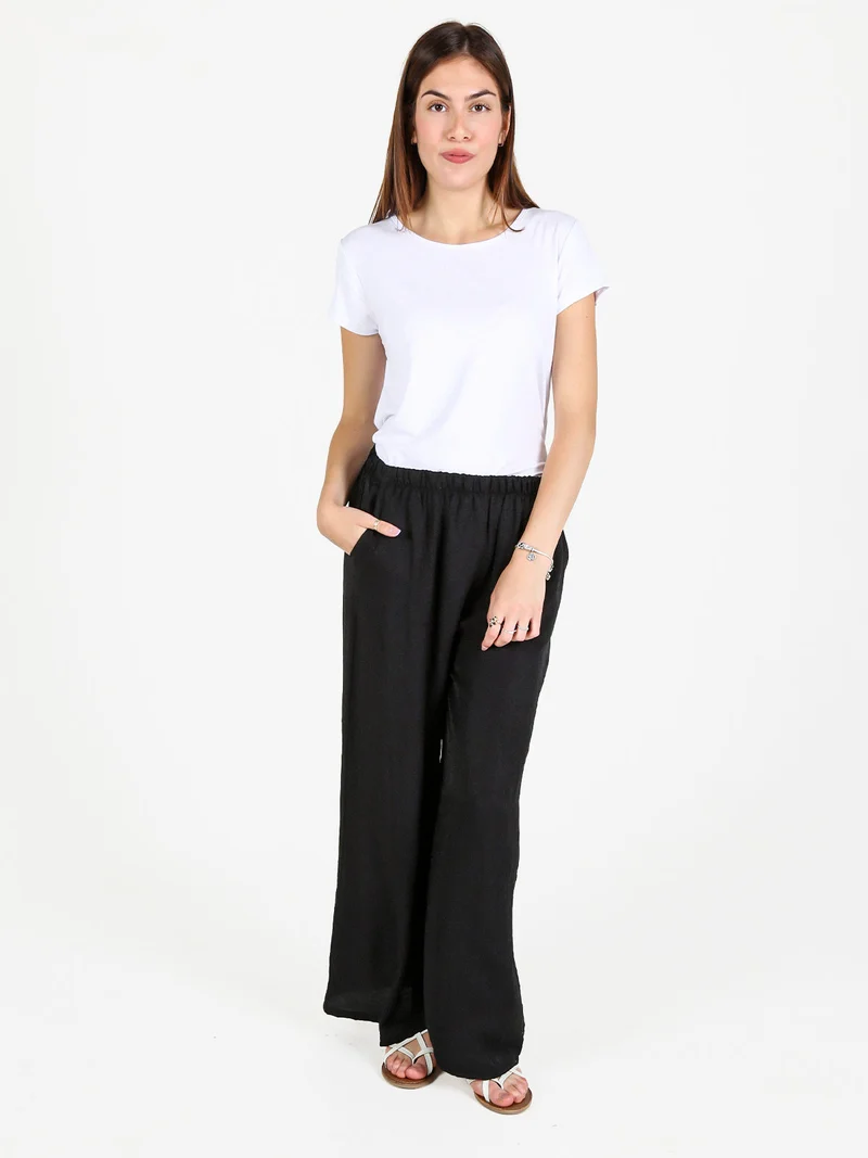 Pantaloni donna a gamba larga in misto lino - nero