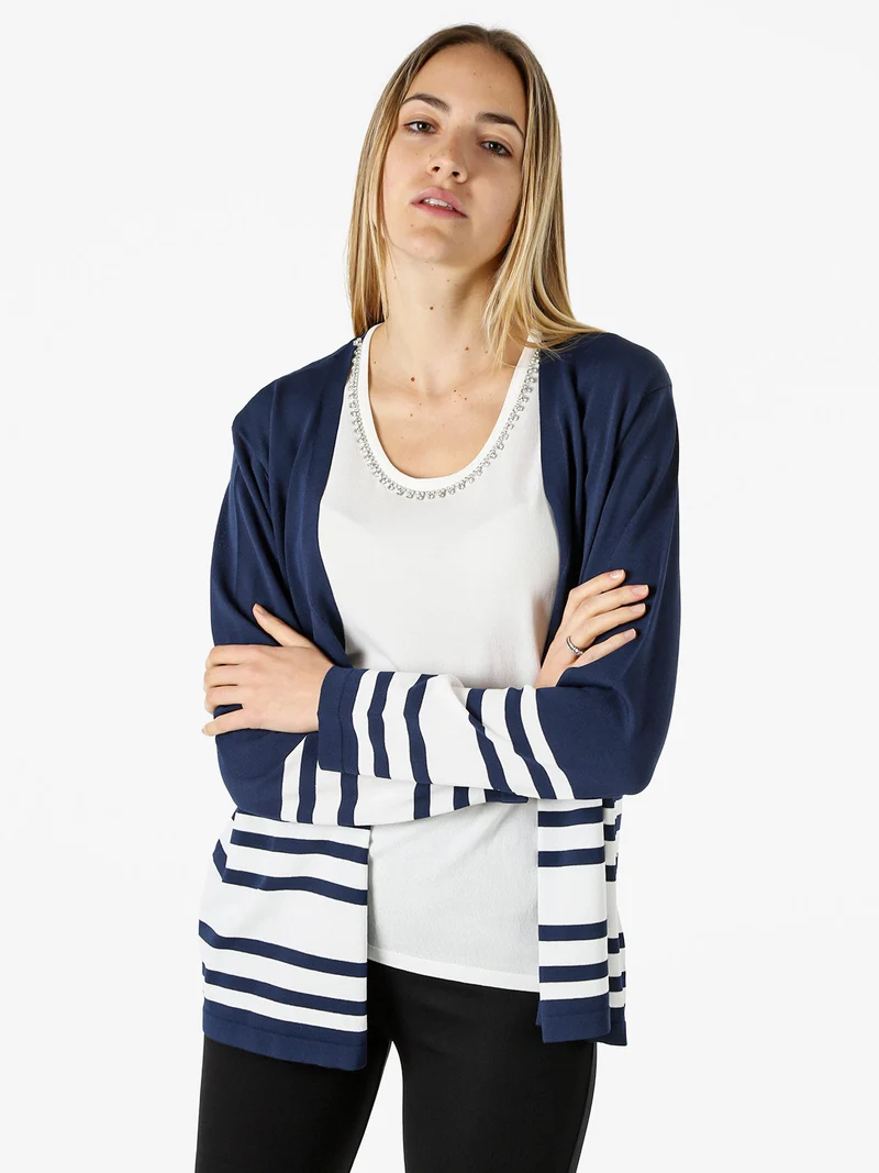 Cardigan donna in maglia con stampa a righe sul finale - blu scuro