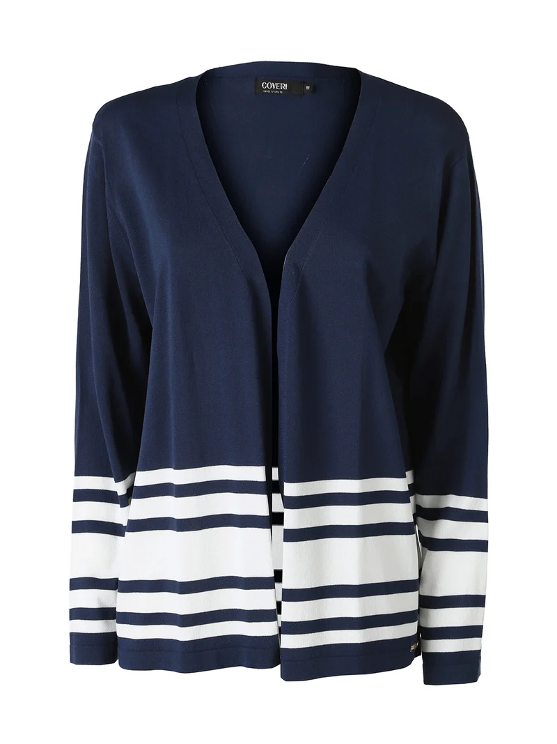 Cardigan donna in maglia con stampa a righe sul finale - blu scuro