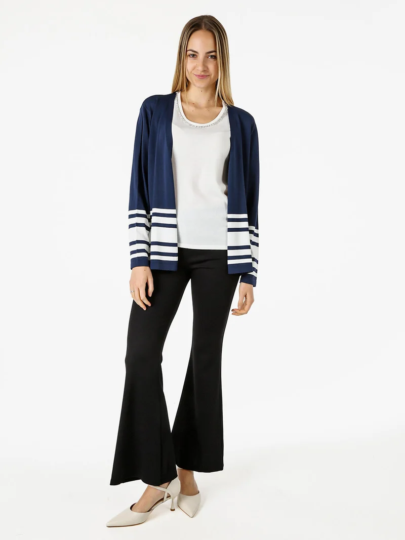 Cardigan donna in maglia con stampa a righe sul finale - blu scuro