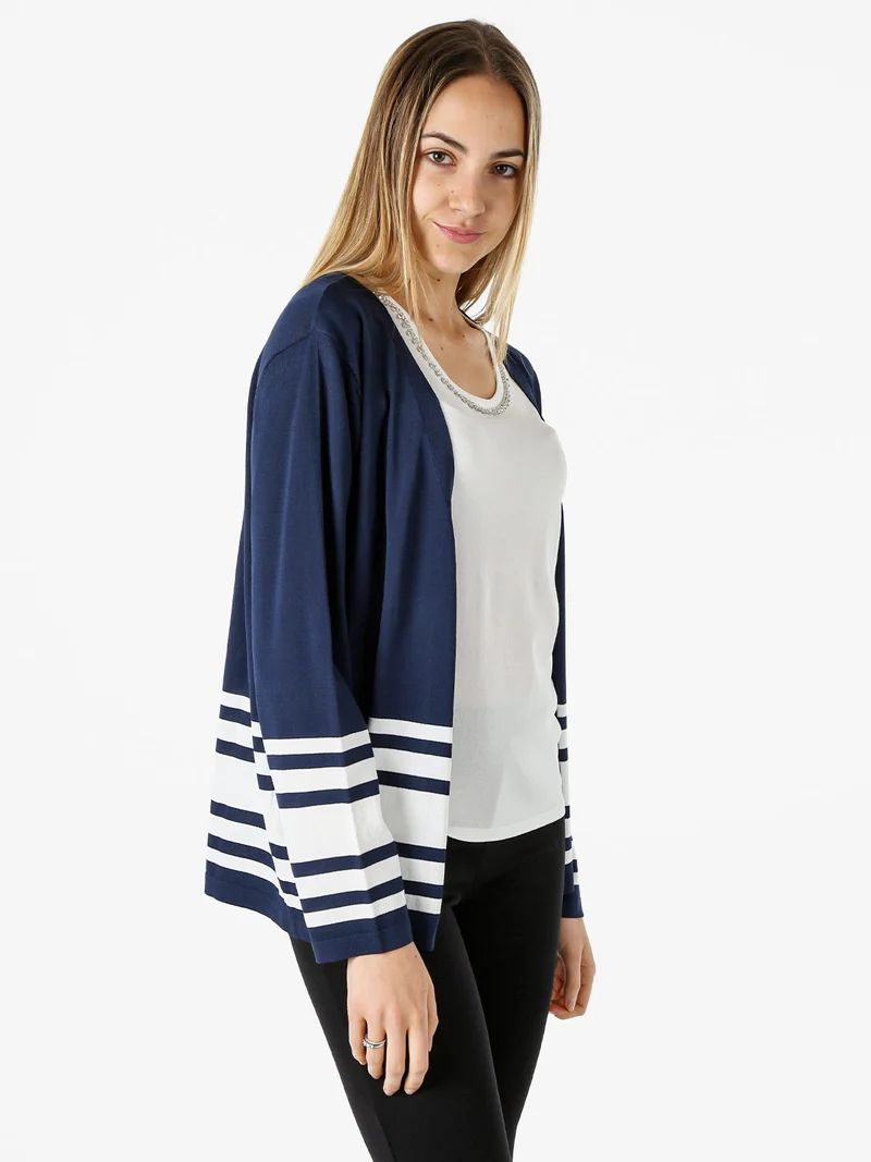 Cardigan donna in maglia con stampa a righe sul finale - blu scuro