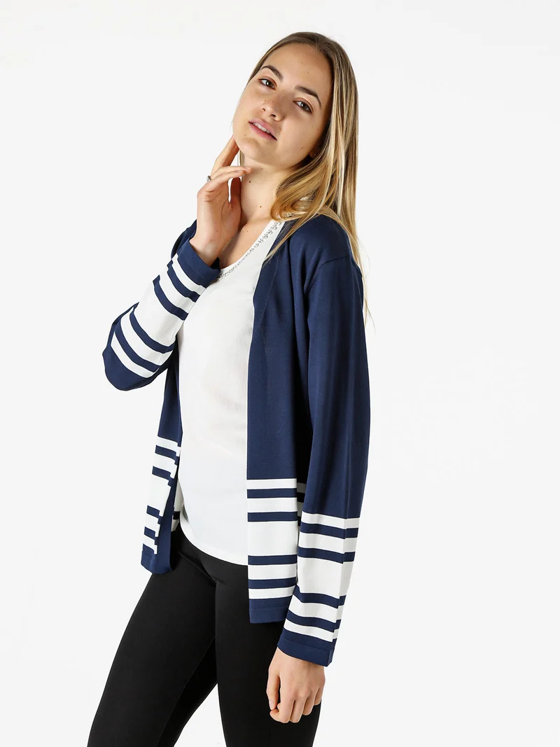Cardigan donna in maglia con stampa a righe sul finale - blu scuro