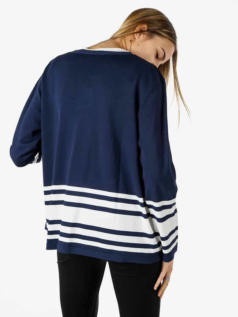 Cardigan donna in maglia con stampa a righe sul finale - blu scuro
