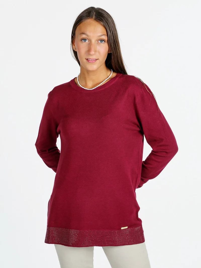 Maglia donna girocollo con borchie sul finale - bordeaux