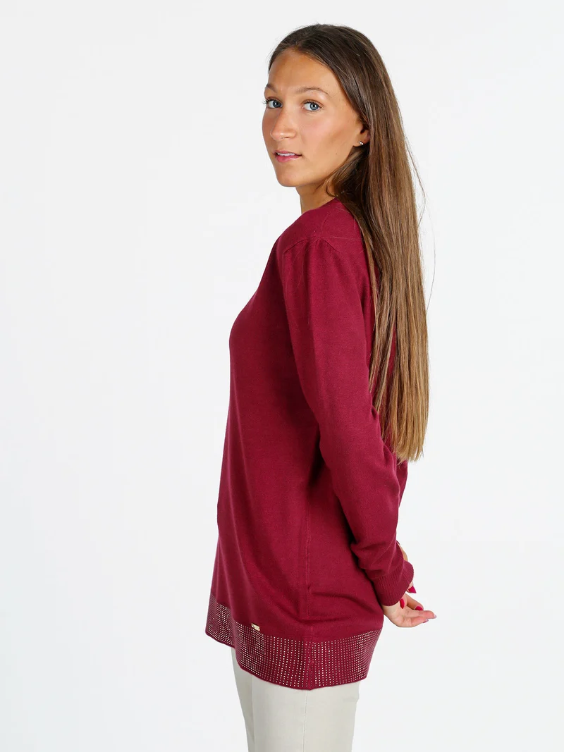 Maglia donna girocollo con borchie sul finale - bordeaux