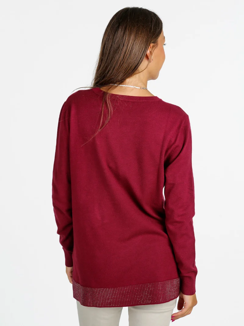 Maglia donna girocollo con borchie sul finale - bordeaux