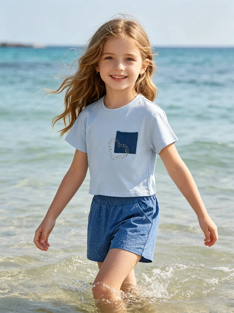 Completo da bambina con t-shirt cropped e shorts in jeans con strass - azzurro