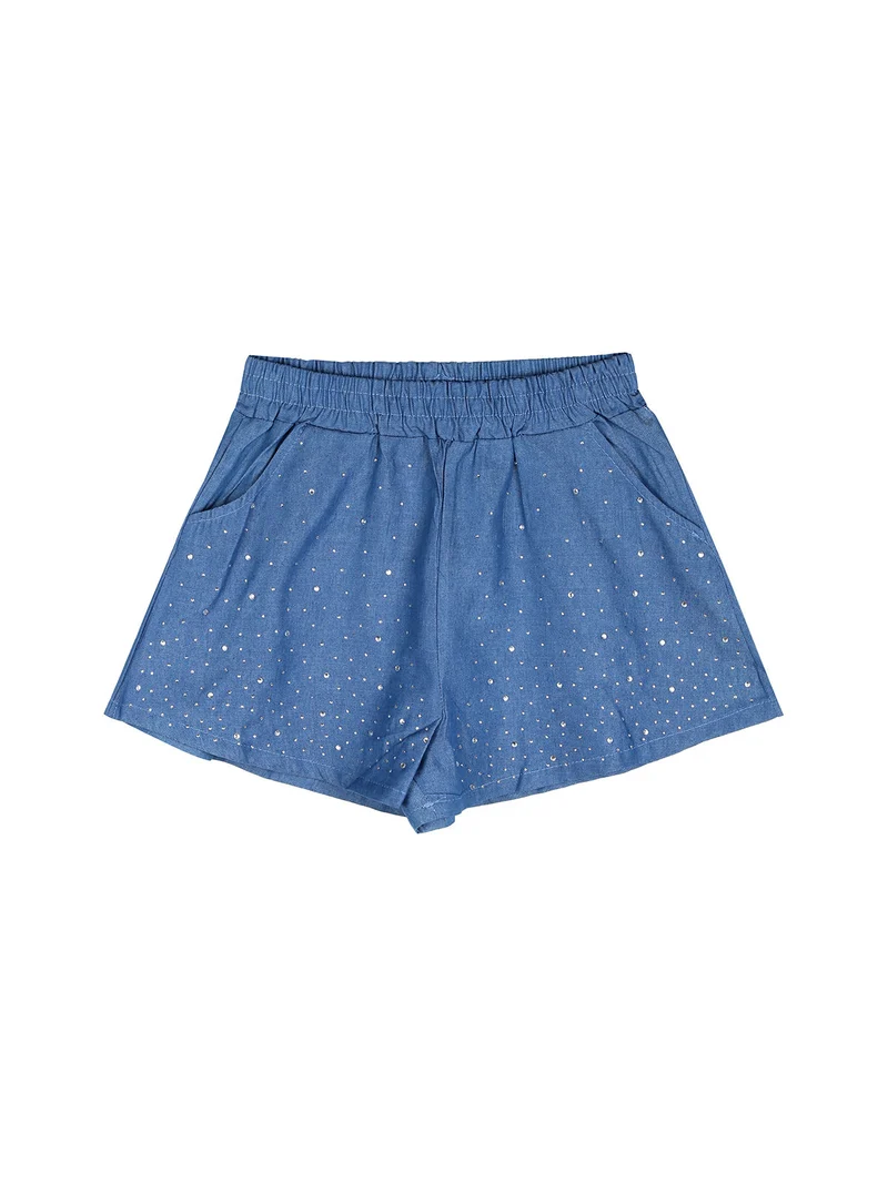 Completo da bambina con t-shirt cropped e shorts in jeans con strass - azzurro