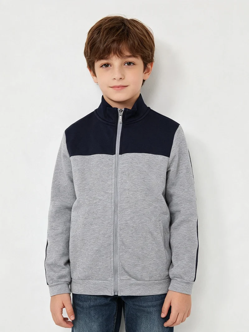 Felpa pesante da ragazzo full zip con strisce sulle maniche - grigio