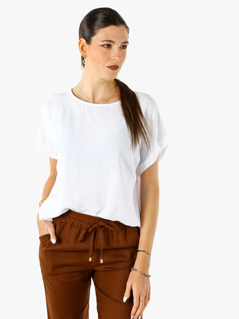Blusa donna in viscosa a maniche corte con bottoni decorati sul retro - bianco