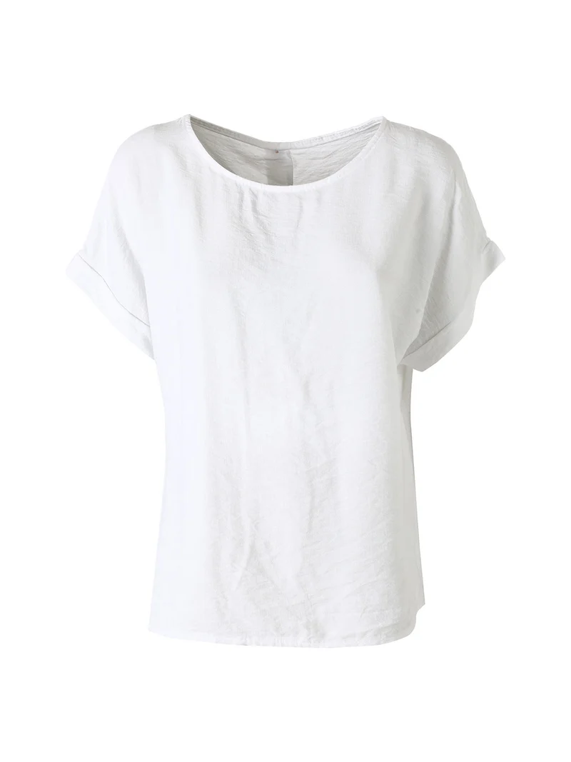 Blusa donna in viscosa a maniche corte con bottoni decorati sul retro - bianco