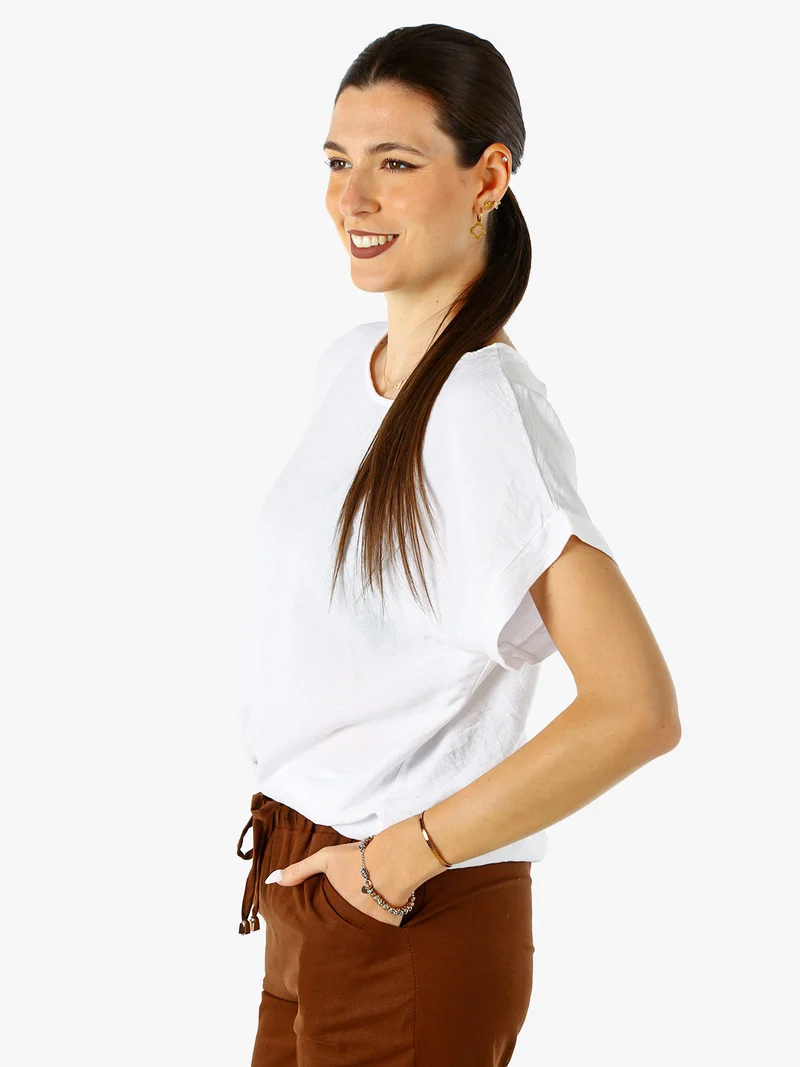 Blusa donna in viscosa a maniche corte con bottoni decorati sul retro - bianco