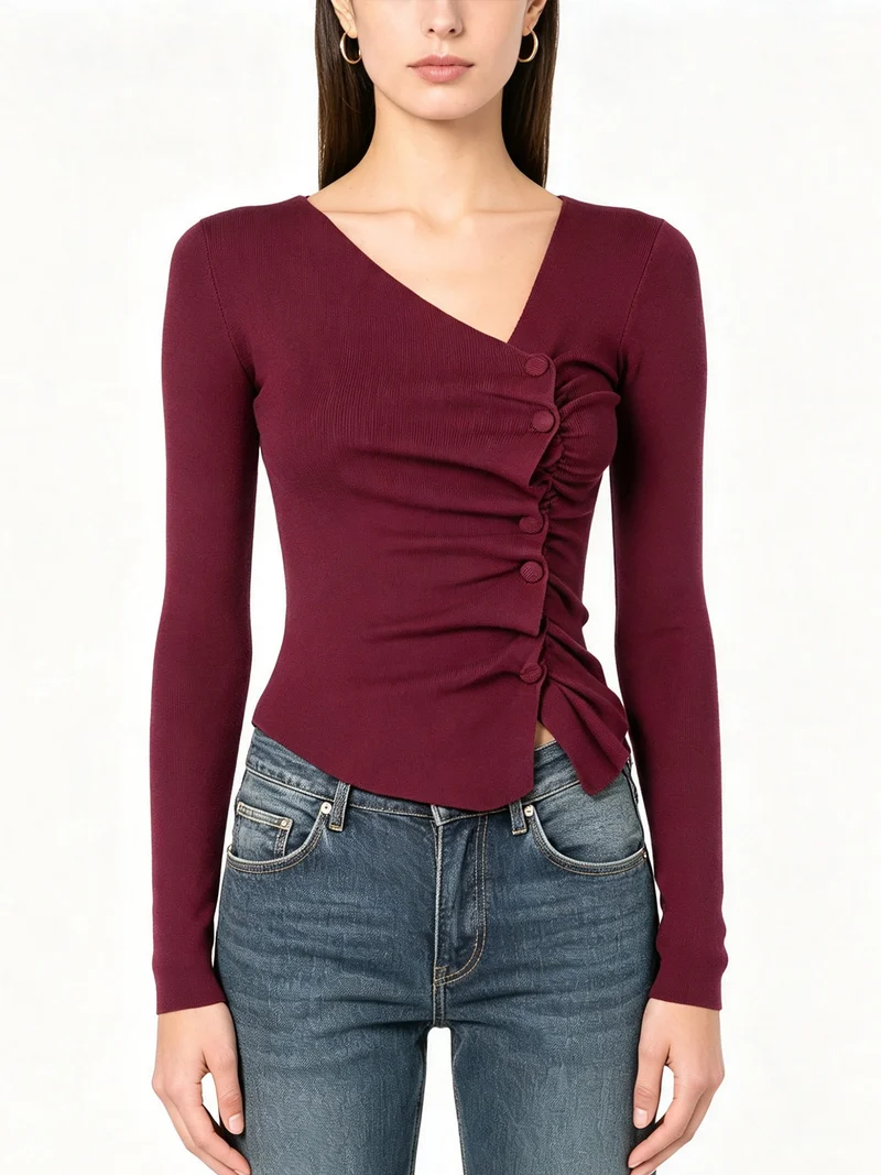 Top donna in maglia a maniche lunghe con bottoni - bordeaux