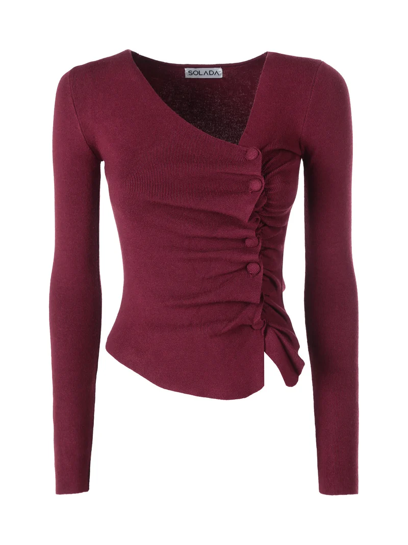 Top donna in maglia a maniche lunghe con bottoni - bordeaux