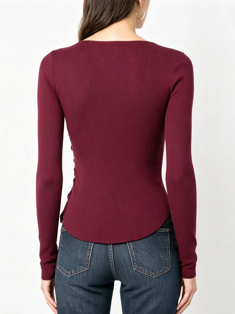 Top donna in maglia a maniche lunghe con bottoni - bordeaux