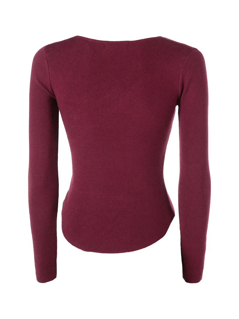 Top donna in maglia a maniche lunghe con bottoni - bordeaux