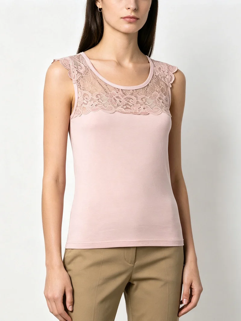 Top donna a spalla larga con scollo in pizzo - rosa