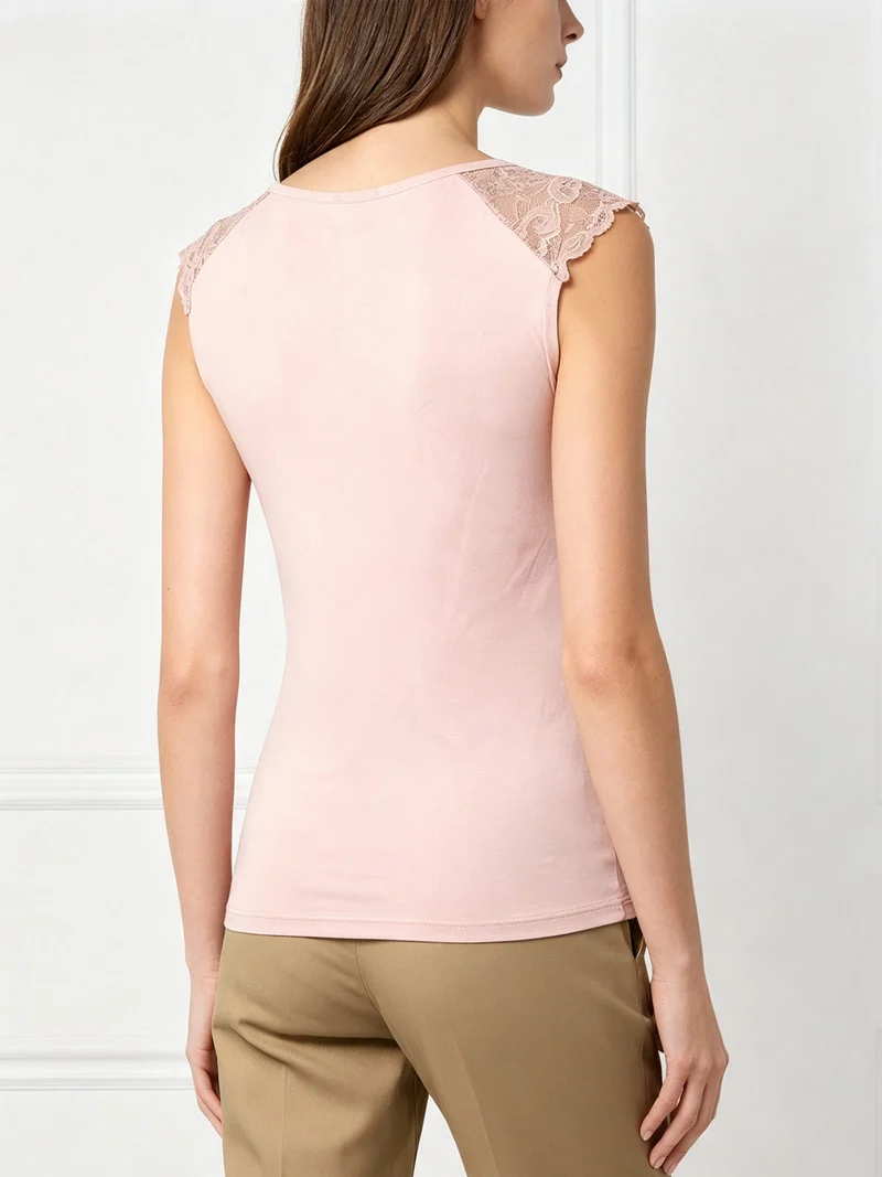 Top donna a spalla larga con scollo in pizzo - rosa