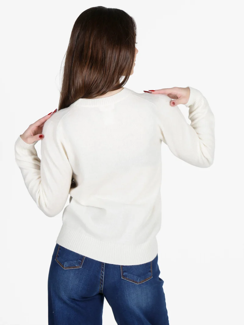 Maglione girocollo da donna in misto lana e cashemere - panna